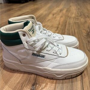 Reebok White Mid-Top Sneakers with Dark Green Accents